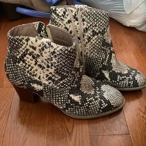 Snakeskin vionic heeled booties